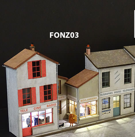 FONZ03 Fond de dcor en relief 3 maisons avec poste